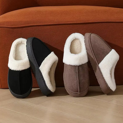 Women'S Plush Slippers Winter Outdoor, Thick Sole Non-Slip Fur Flip Flops with Fur Collar, Warm Unisex House Shoes for Home Use