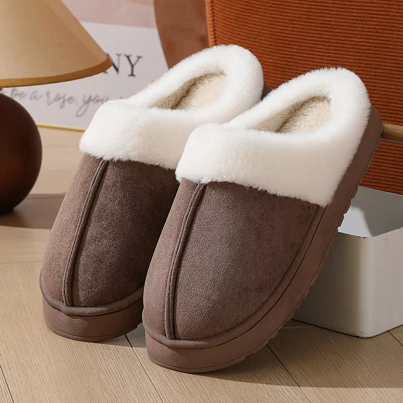Women'S Plush Slippers Winter Outdoor, Thick Sole Non-Slip Fur Flip Flops with Fur Collar, Warm Unisex House Shoes for Home Use