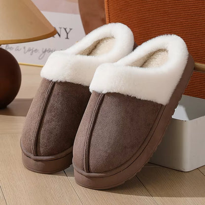Women'S Plush Slippers Winter Outdoor, Thick Sole Non-Slip Fur Flip Flops with Fur Collar, Warm Unisex House Shoes for Home Use