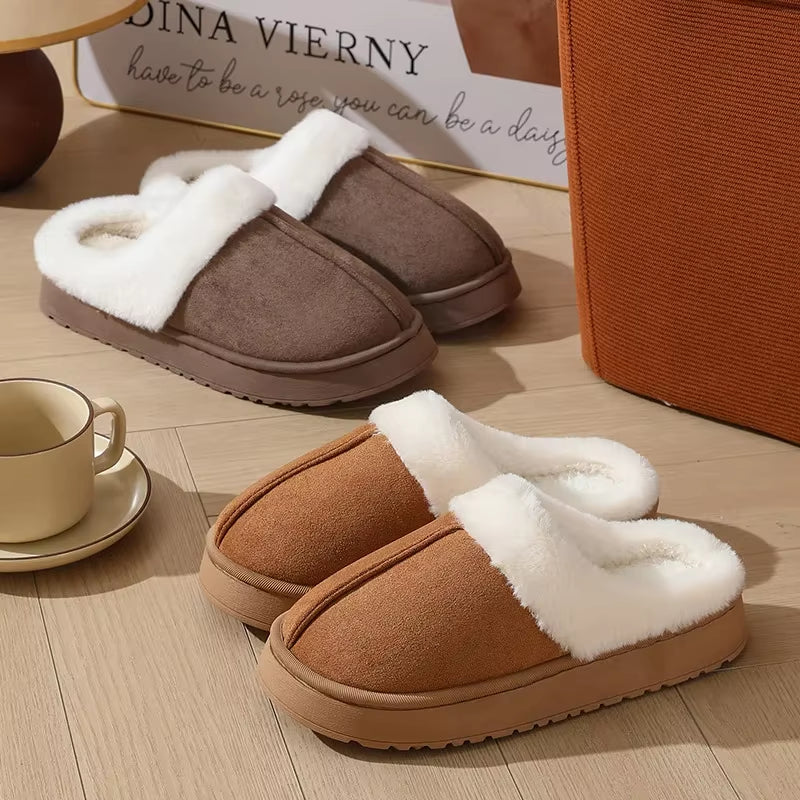 Women'S Plush Slippers Winter Outdoor, Thick Sole Non-Slip Fur Flip Flops with Fur Collar, Warm Unisex House Shoes for Home Use
